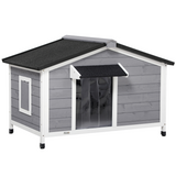 PawHut Large Wooden Dog Kennel for Outside with Door Eaves – Fir Wood Pet House, 109 x 79 x 72 cm, Grey