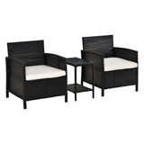 Outsunny 3-Piece PE Rattan Bistro Set with 2 Cushioned Armchairs & Glass Top Table – Garden, Black