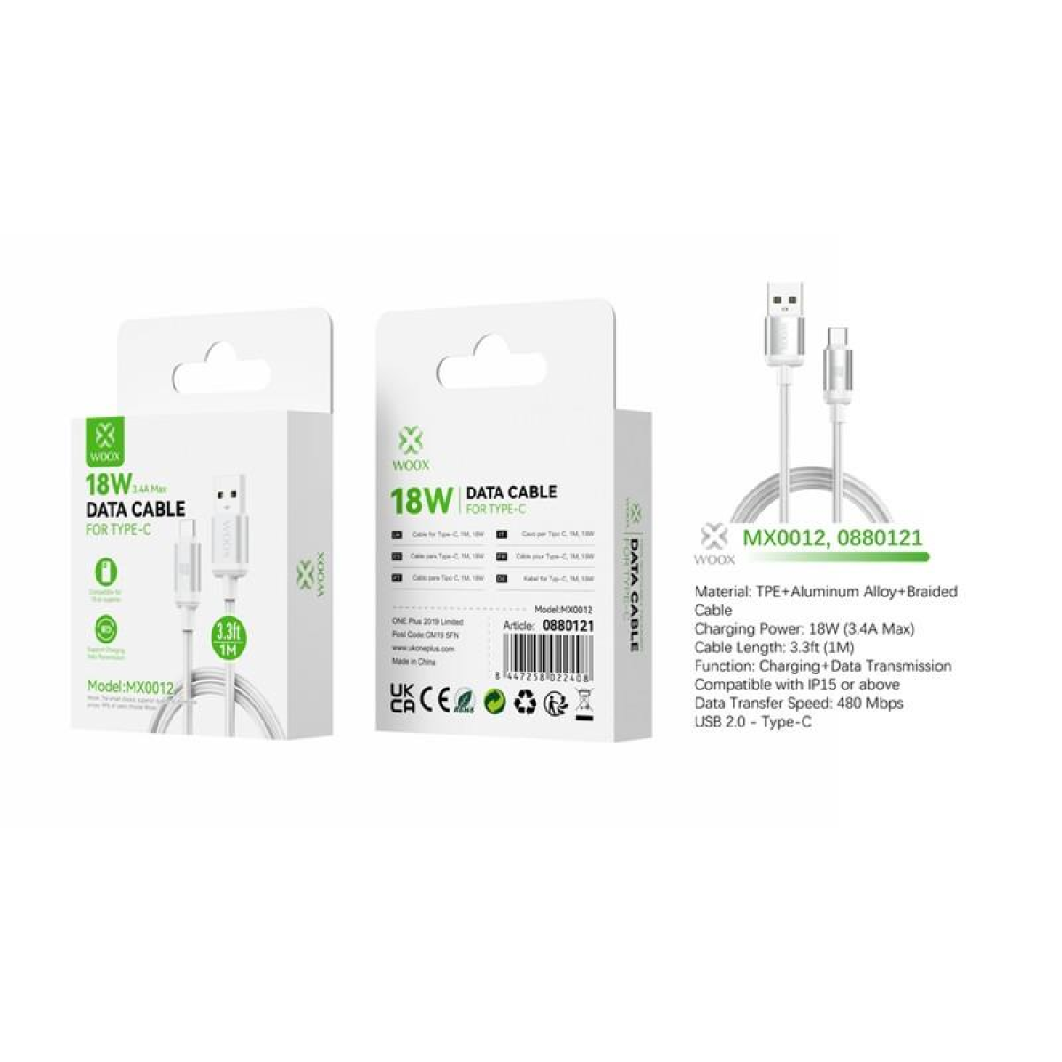 Woox MX0012 USB to Type-C Braided Nylon Data Cable – 18W Charging and Sync, 1m, White