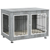 PawHut Dog Crate Furniture End Table with Cushion and Double Doors – Indoor Kennel, Grey