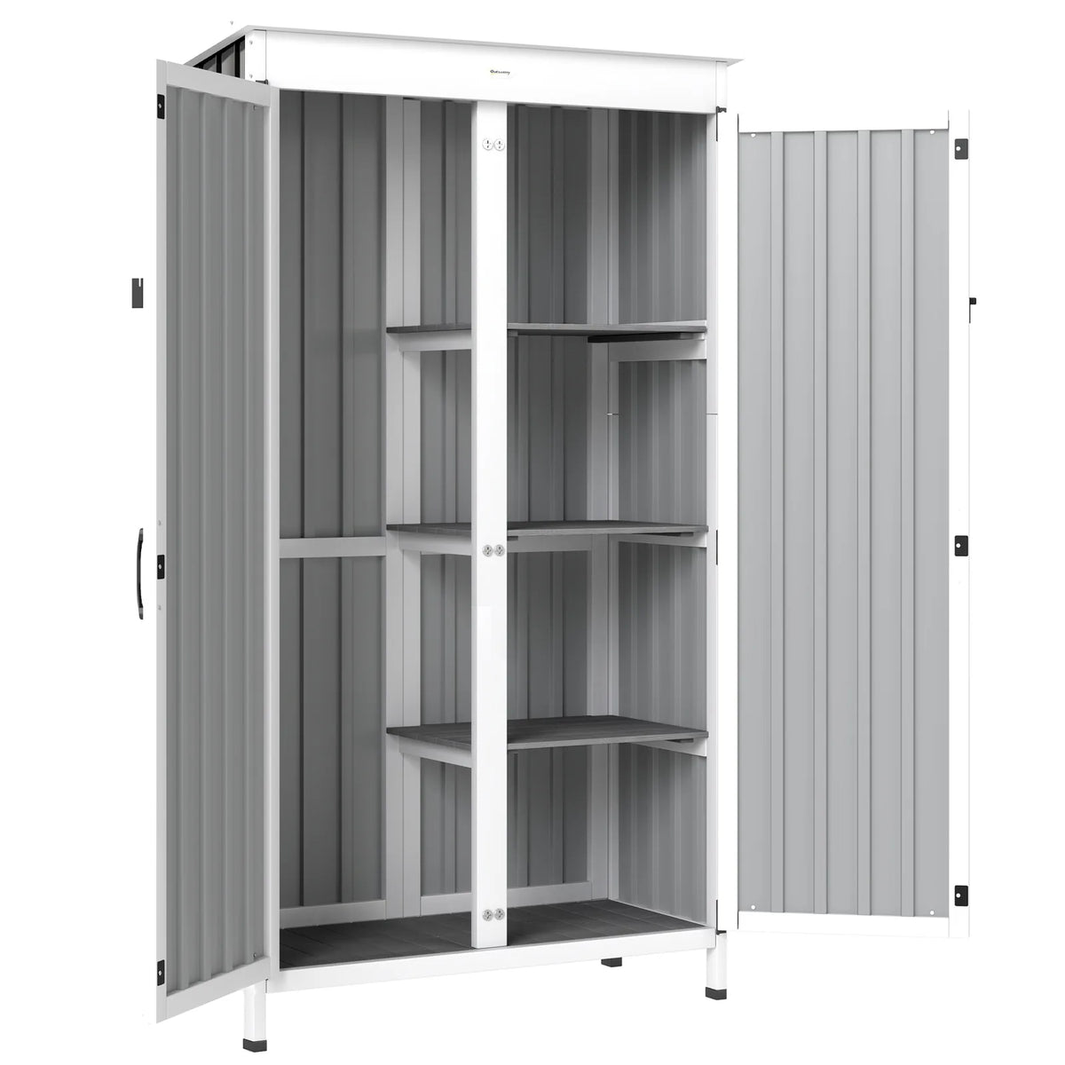 Outsunny Outdoor Storage Cabinet with 3 Removable Shelves and Asphalt Roof – Wood and Steel Garden Tool Shed, White and Black