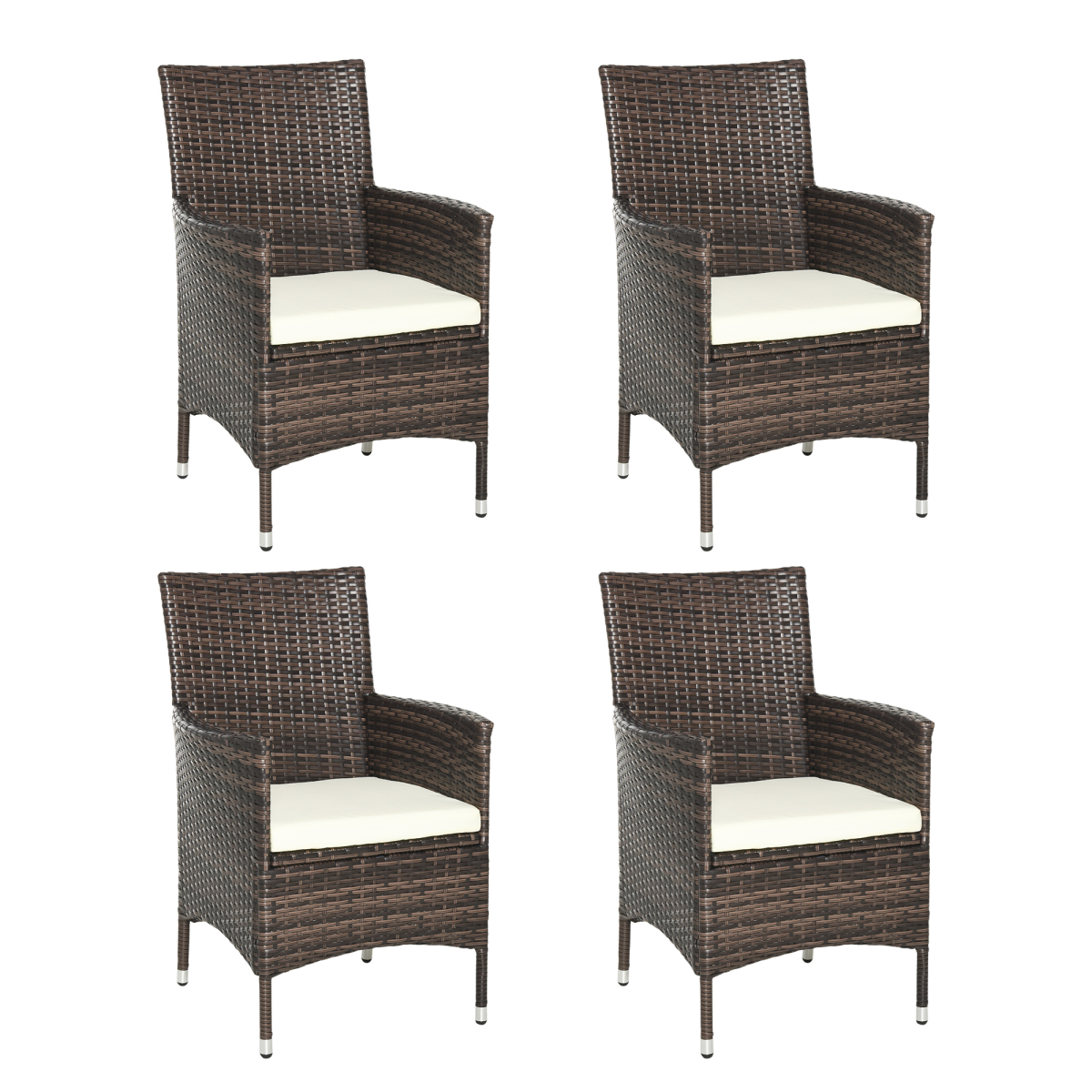 Outsunny Set of 4 PE Rattan Garden Armchairs with 5cm Padded Cushions – Outdoor Patio Seating, Deep Coffee/White