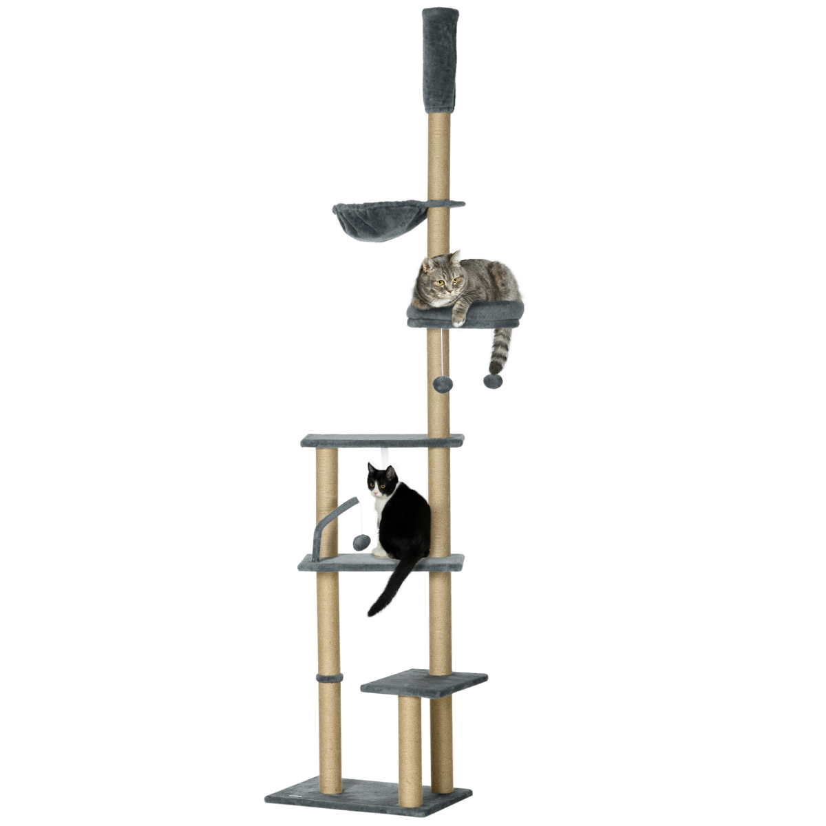 PawHut 6-Tier Floor to Ceiling Cat Tree with Scratching Post, Bed & Hammock – Cat Tower, Grey