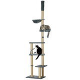 PawHut 6-Tier Floor to Ceiling Cat Tree with Scratching Post, Bed & Hammock – Cat Tower, Grey