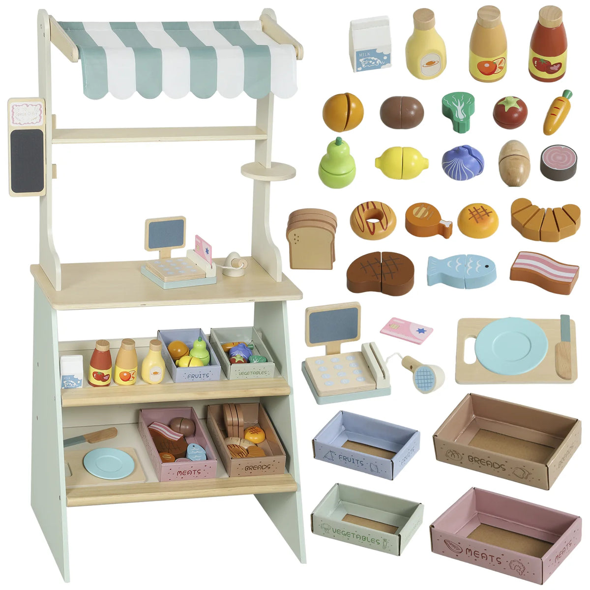 AIYAPLAY Wooden Toy Shop with Cash Register, Blackboard, Toy Food & 4 Storage Boxes – Market Stall, Green