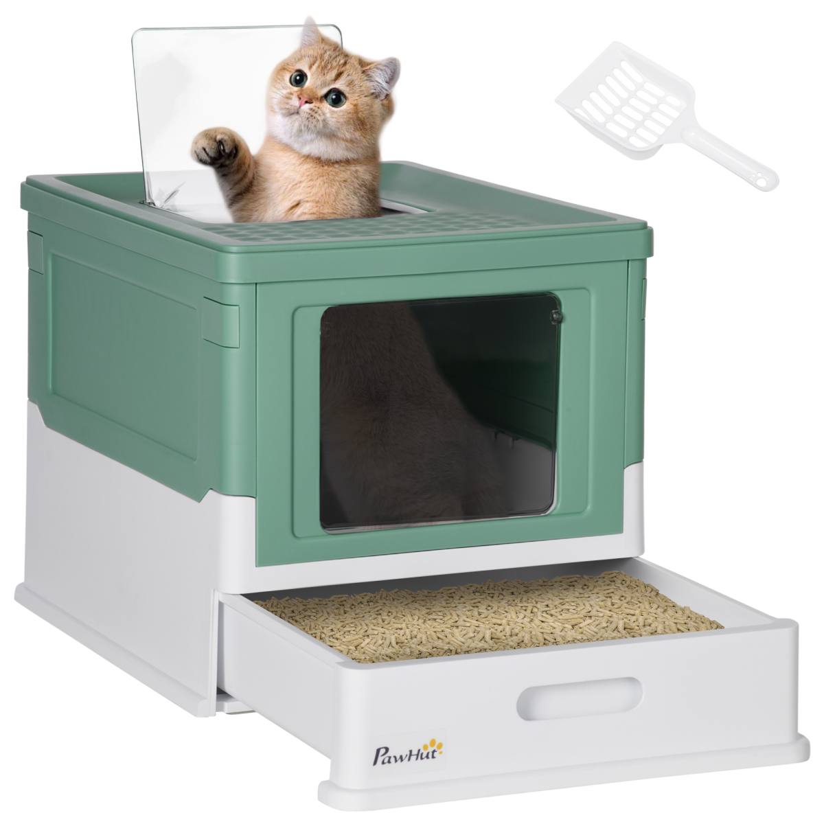 PawHut Hooded Cat Litter Box with Scoop & Removable Tray – Portable Enclosed Pet Toilet, Green