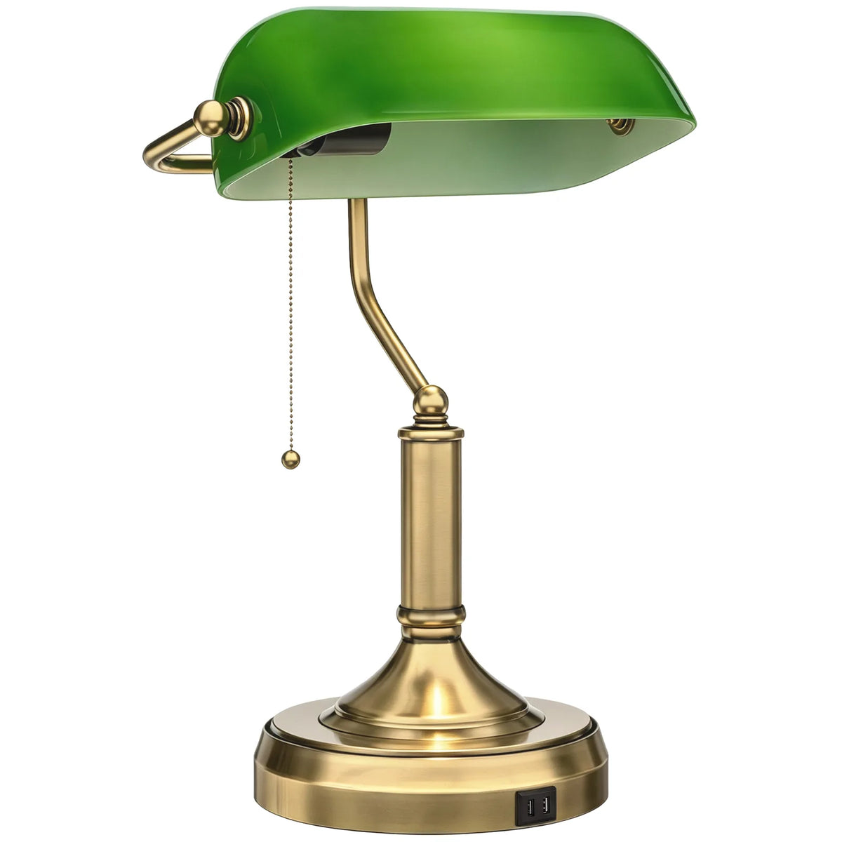 HOMCOM Banker's Desk Lamp with USB-A and Type-C Ports, Pull Rope Switch – Bronze-Tone Base, Green Shade