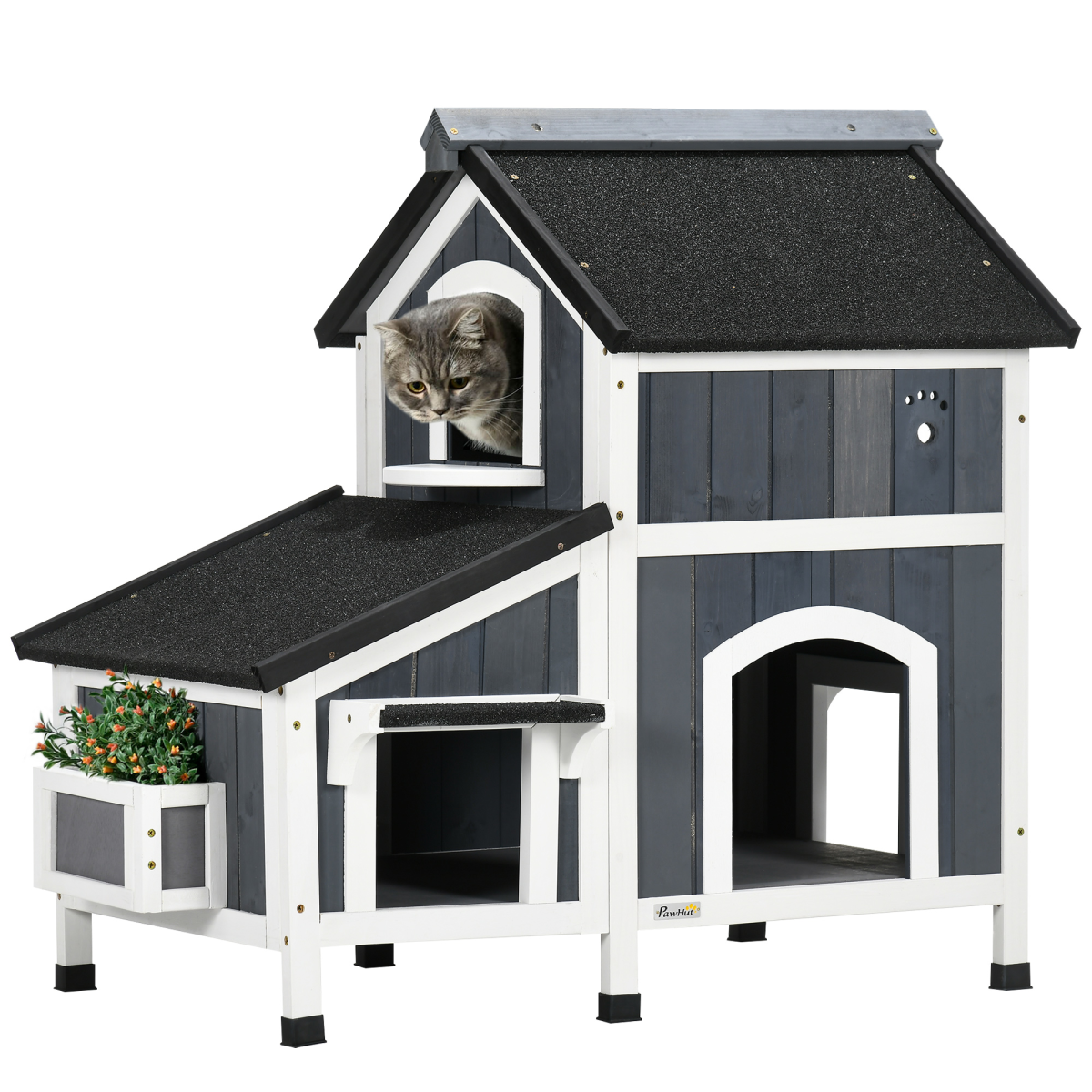 PawHut Wooden Outdoor Cat House with Flower Pot, Windows & Multiple Entrances – 2-Tier Weather-Resistant Shelter
