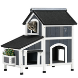 PawHut Wooden Outdoor Cat House with Flower Pot, Windows & Multiple Entrances – 2-Tier Weather-Resistant Shelter
