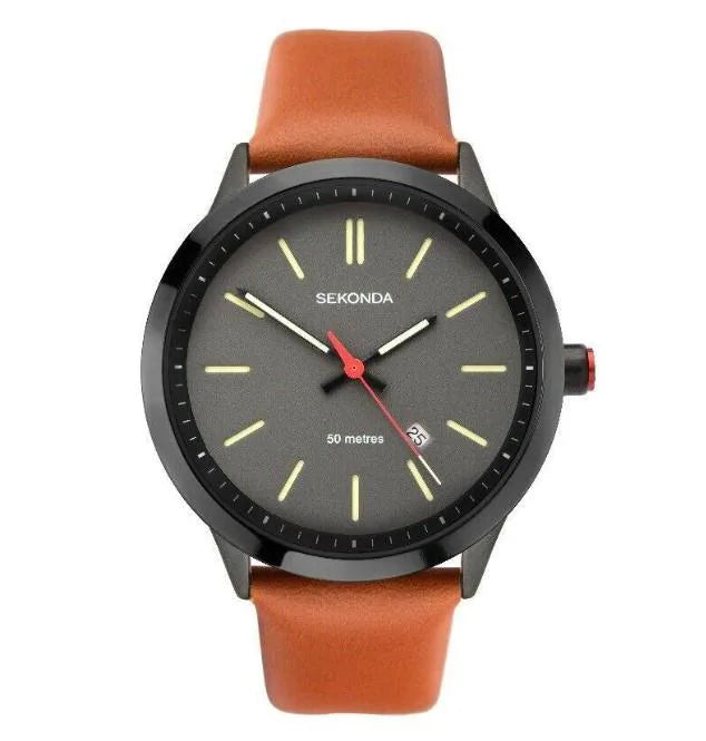 Sekonda Men's Dated Grey Dial Watch with Brown Leather Strap, 1828
