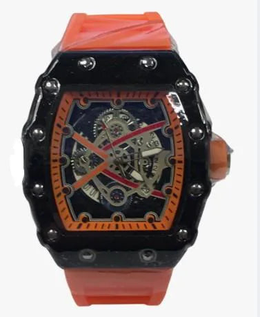 Longbo Gents Quartz Watch with Skeleton Clear Dial & Orange Rubber Strap – Black Fashion Wristwatch