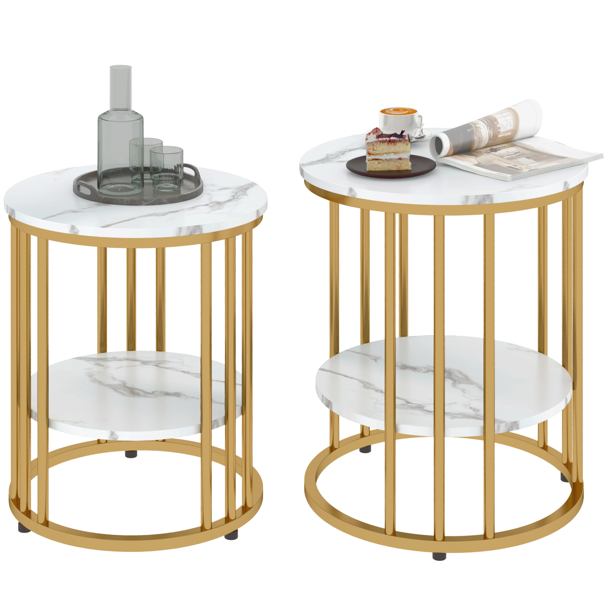 HOMCOM Set of 2 Marble-Effect Two-Tier Tables with Gold Tone Steel Legs – Coffee & Side Tables, White