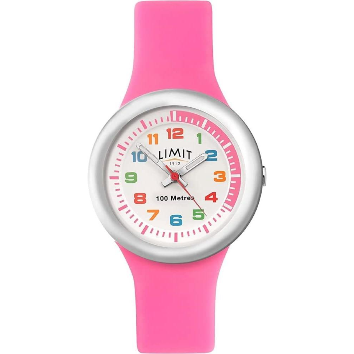 Limit Girls' Analogue Watch – White Dial, Pink Silicone Strap, 100m Water Resistant