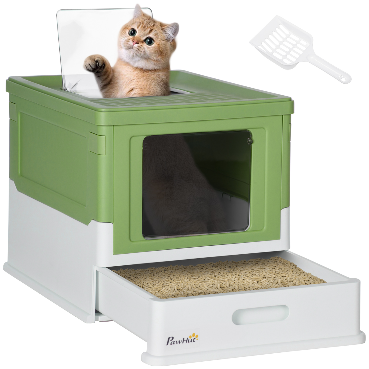 PawHut Hooded Cat Litter Box with Scoop and Tray – Enclosed Pet Toilet with Front and Top Entry, Lime Green