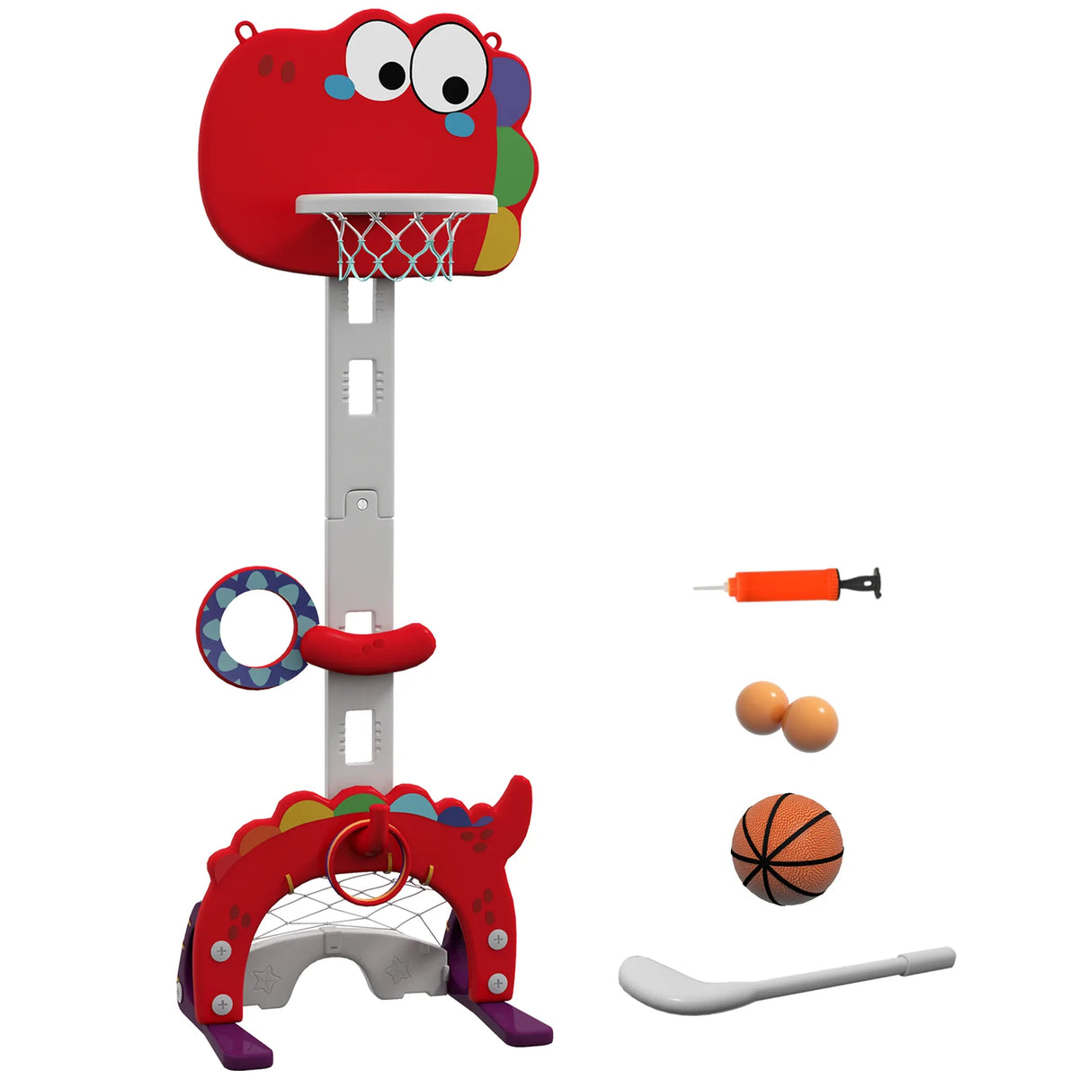 AIYAPLAY 5-in-1 Dinosaur Basketball Set with Adjustable Stand, Golf & Ring Toss – Indoor Kids Sports Toy, Red