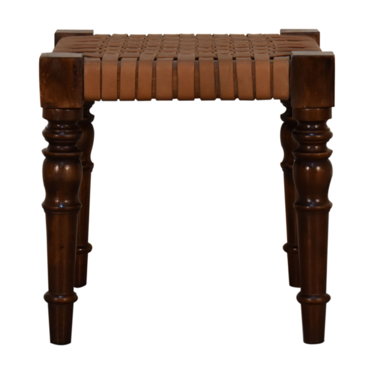 Artisan Furniture Solid Wood Woven Leather Top Footstool – Country Style Handcrafted Seat, Chestnut Finish, Brown