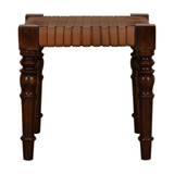 Artisan Furniture Solid Wood Woven Leather Top Footstool – Country Style Handcrafted Seat, Chestnut Finish, Brown