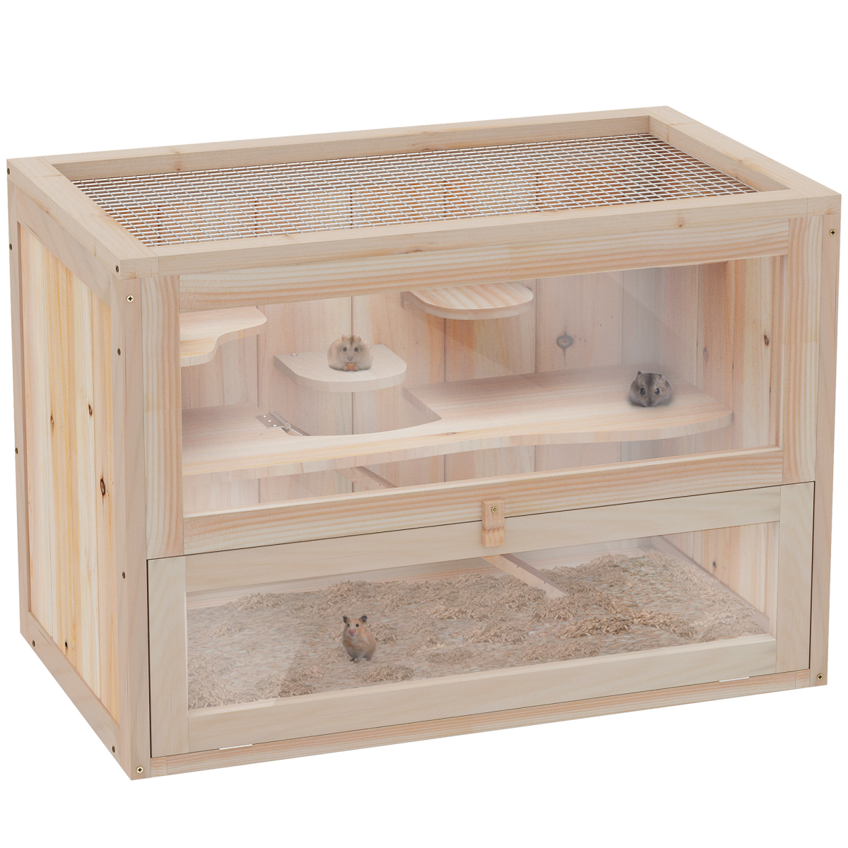 PawHut Wooden Hamster Cage with 2 Levels, Openable Mesh Roof & Ramp – Small Animal Hutch, 60 x 35 x 42cm