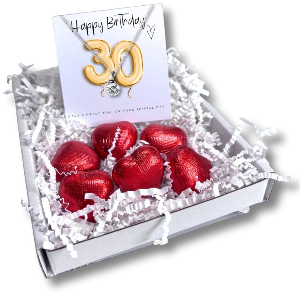 Aye Do Gifts 30th Birthday Cubic Zirconia Silver Necklace & Gold Balloons Mini Gift Hamper with Chocolates