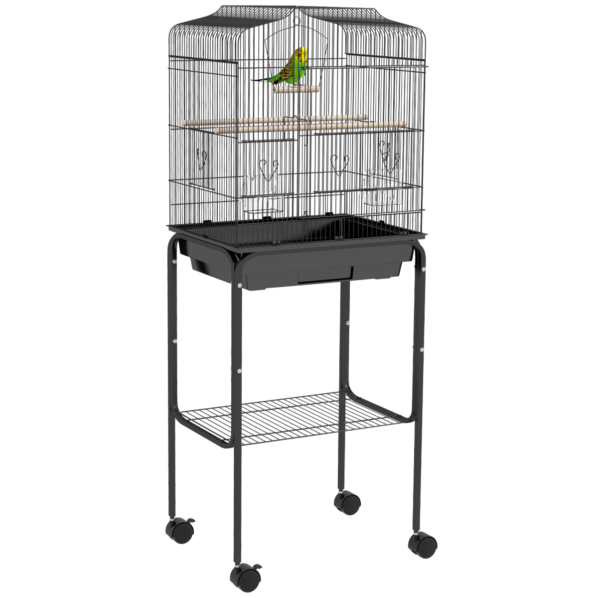 PawHut Bird Cage for Budgies, Finches, Canaries & Parakeets with Stand, Wheels & Slide-Out Tray – Black