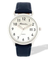 Ravel Men's Silver-Tone Dated Watch with Silver Dial and Black Faux Leather Strap