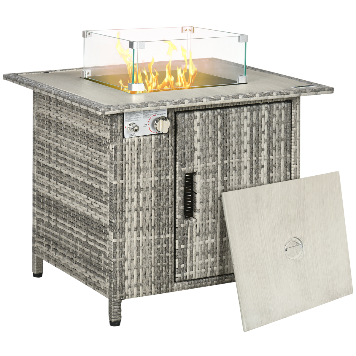 Outsunny 50,000 BTU Gas Fire Pit Table with Rain Cover, Windscreen & Lava Stone – Rattan Outdoor Dining and Heater