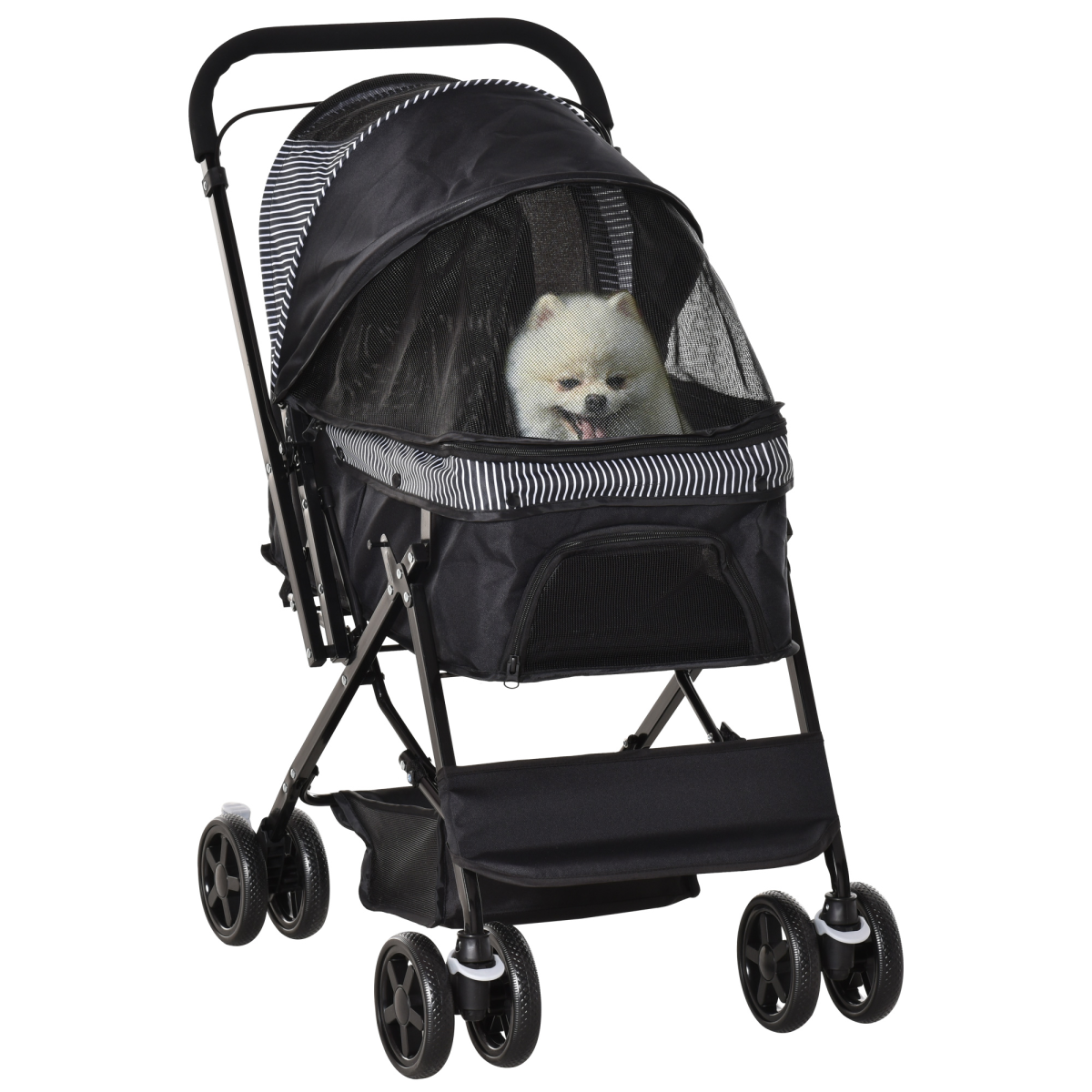 PawHut Foldable Pet Stroller with Reversible Handle, Canopy & 4 Wheels – Dog Travel Carriage, Black