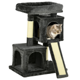 PawHut Cat Activity Tree with 2 Houses, Cushioned Perch and Sisal Scratching Posts – Indoor Cat Tower, Black