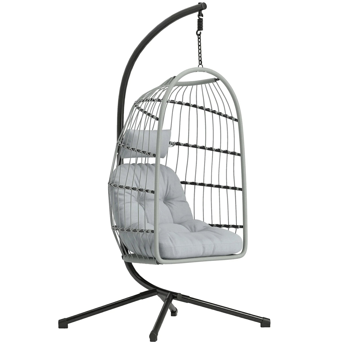 Outsunny Hanging Egg Chair with Stand – Indoor Outdoor Swing Chair with Foldable Basket, Cushions & Safety Strap, Light Grey