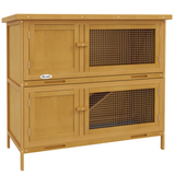 PawHut Double Decker Wooden Rabbit Hutch with Ramp, Trays and Asphalt Roof – Outdoor Bunny Cage, Yellow