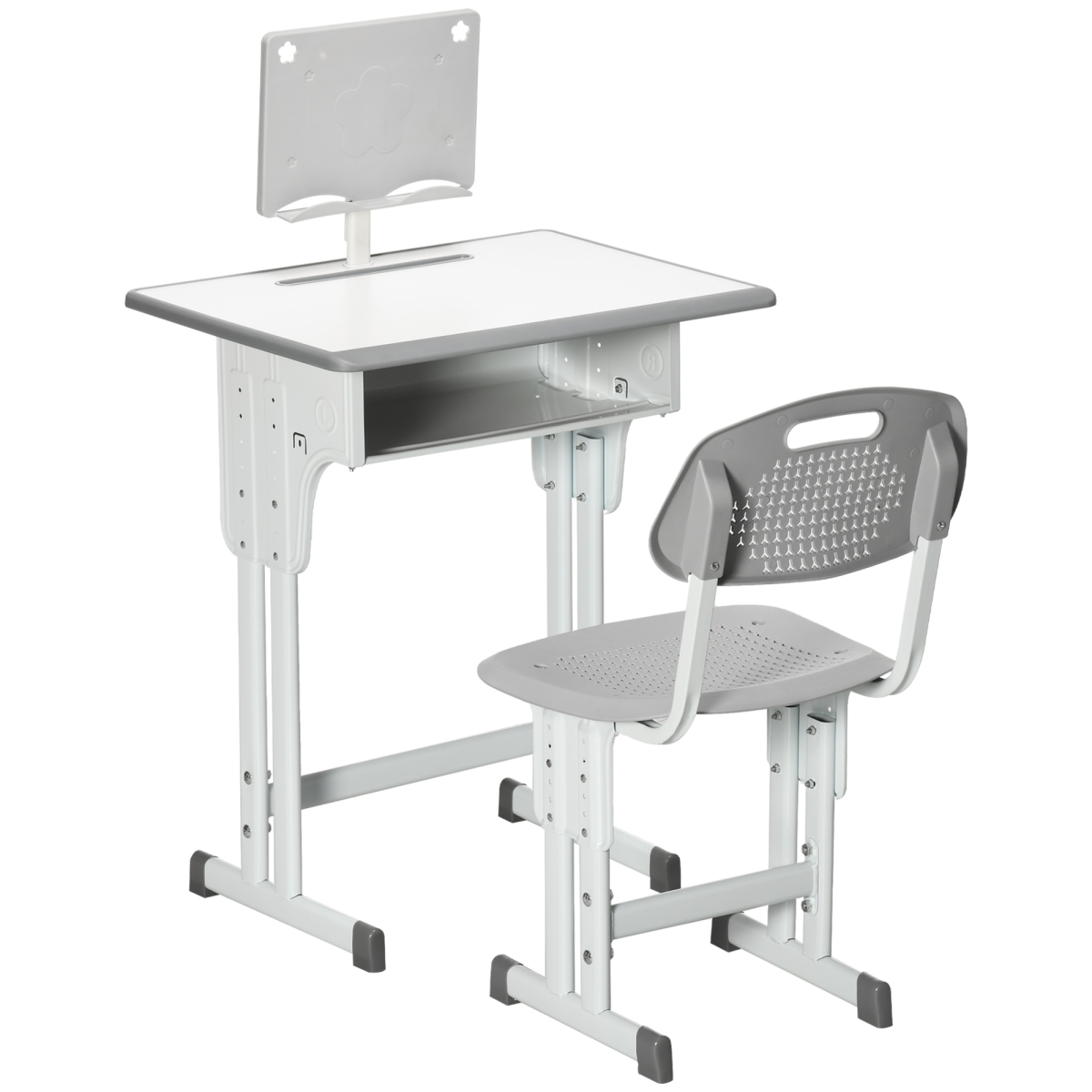 Kids Desk and Chair Set with Adjustable Height, Drawer and Book Stand – Study Table for Ages 6–12, Grey