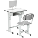 Kids Desk and Chair Set with Adjustable Height, Drawer and Book Stand – Study Table for Ages 6–12, Grey