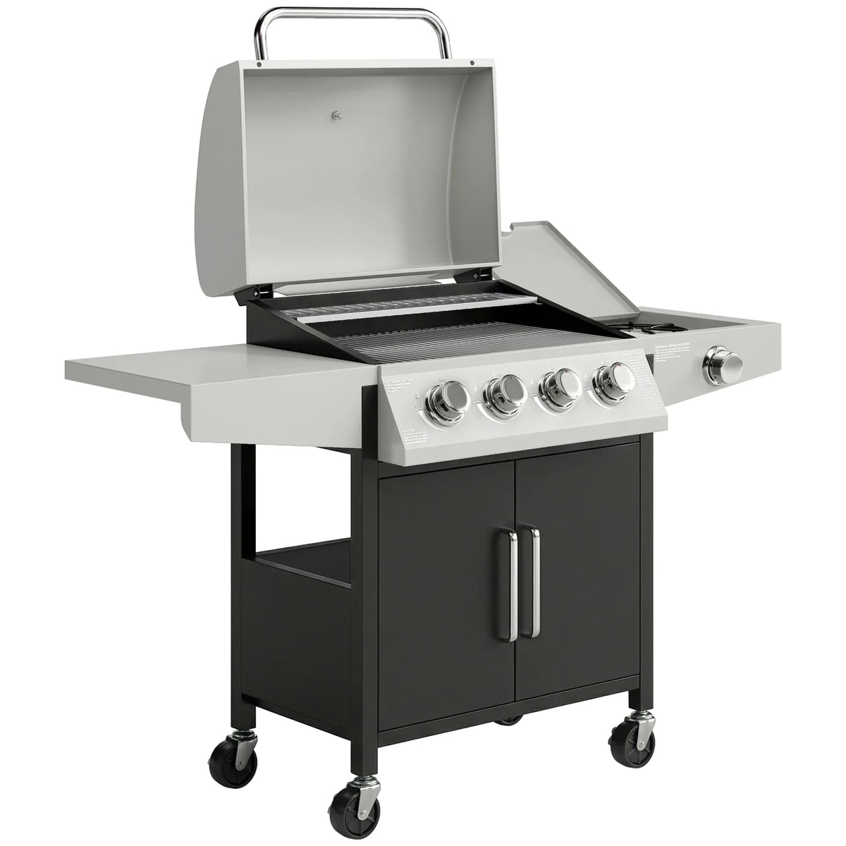 Outsunny 4 Burner Gas BBQ Grill with Side Burner, Lid & Built-in Thermometer – Portable Steel Propane Barbecue on Wheels