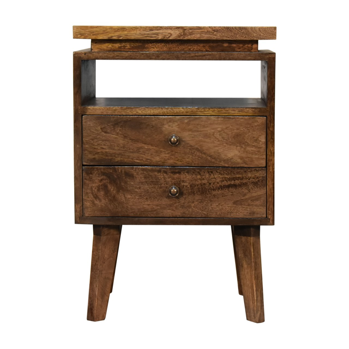 Artisan Furniture Solid Wood Platform Bedside Table with 2 Drawers and Open Slot – Nordic Legs, Brown
