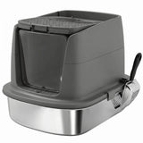 PawHut Large Stainless Steel Cat Litter Box with Lid, Scoop and Deodoriser Bag – Front Entry, Top Exit