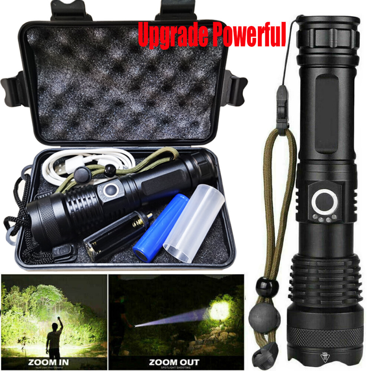 USB Rechargeable LED Flashlight with 5 Lighting Modes and Zoom – Camping and Hiking Torch, Black