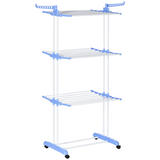 HOMCOM Foldable Three-Tier Clothes Drying Rack with Casters and Brakes – Steel Garment Airer, Blue