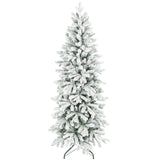 HOMCOM 6ft Flocked Artificial Christmas Tree with 756 Snow-Tipped Branches – Slim Tree, Metal Base
