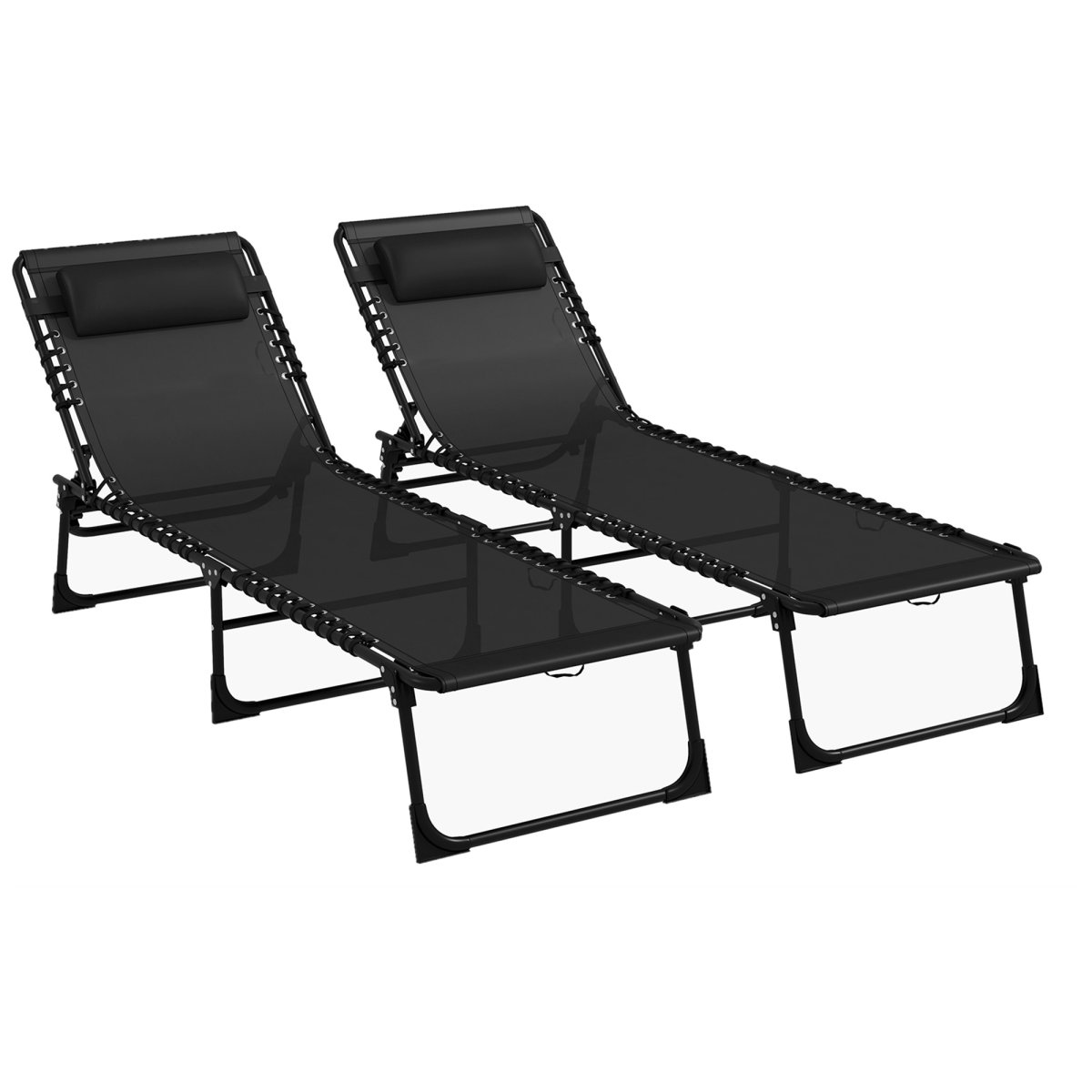 Outsunny Set of 2 Folding Beach Lounge Chairs with 4-Position Recline & Padded Headrest – Steel Frame, Black