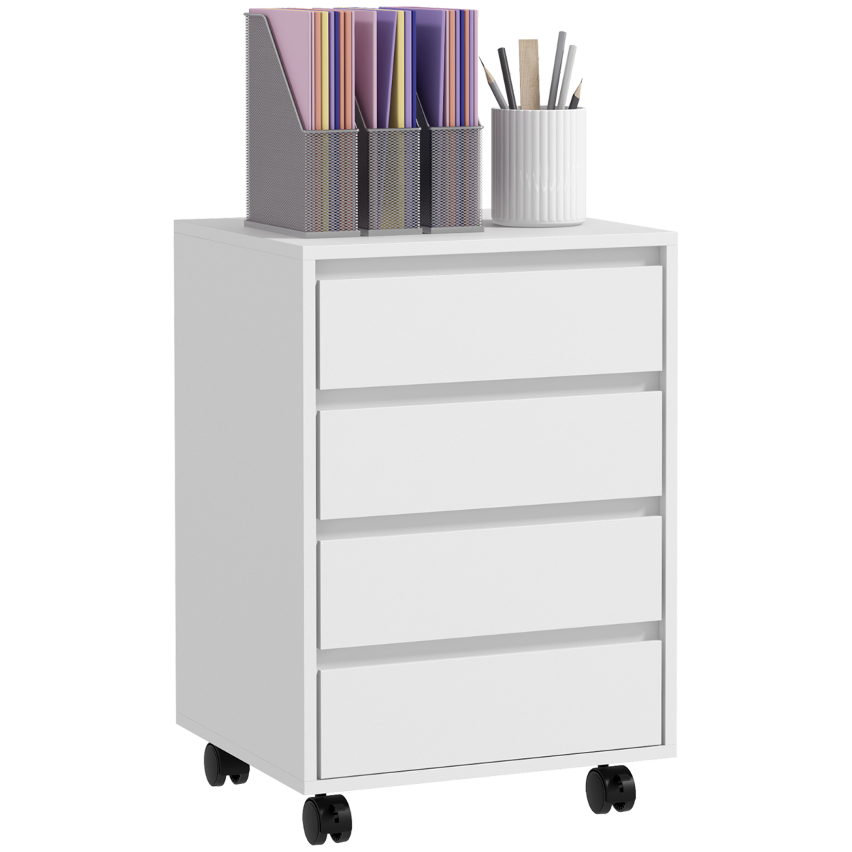 HOMCOM White Mobile Filing Cabinet with 4 Drawers & Lockable Wheels – MDF Storage Unit with Anti-Tip Straps
