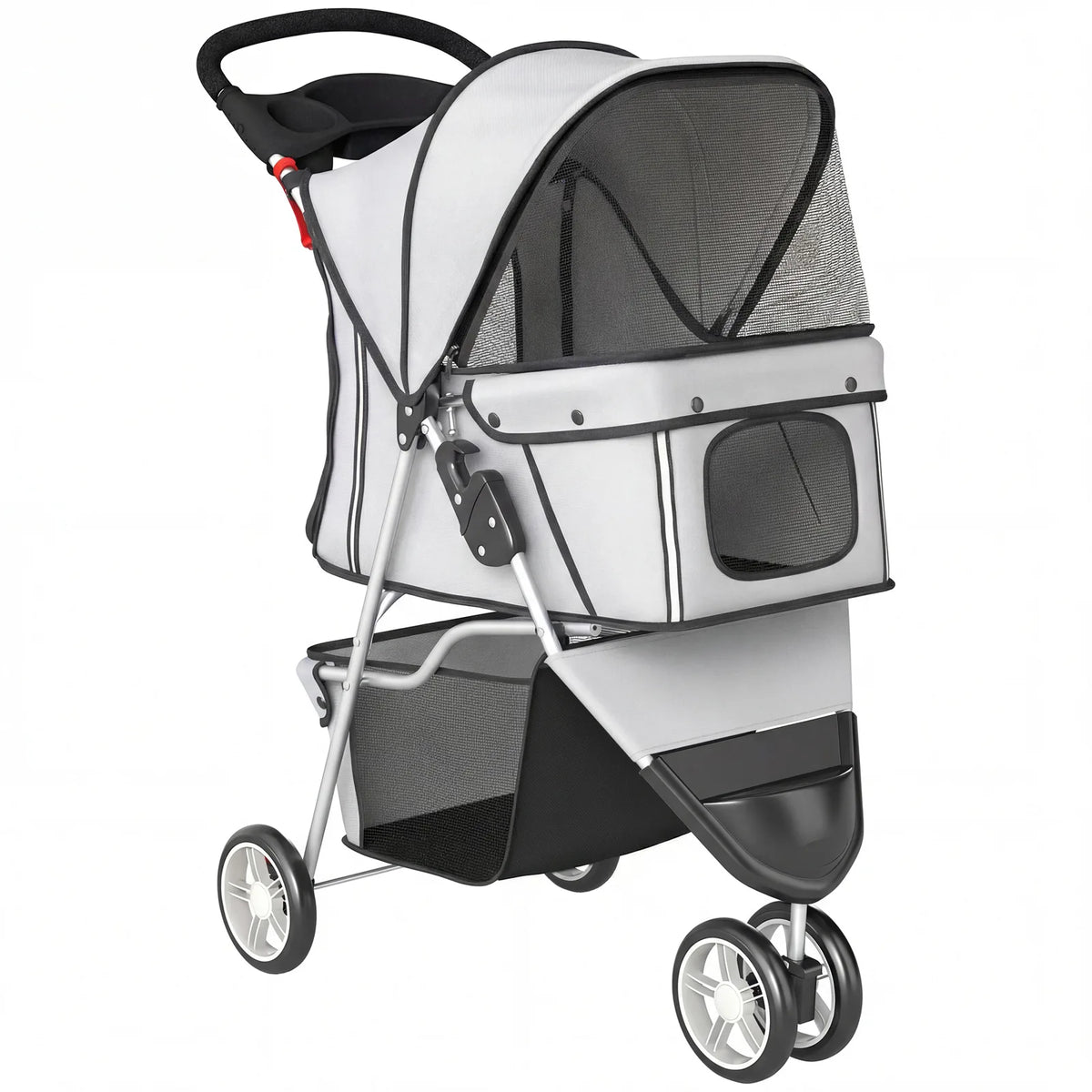 PawHut 3-Wheel Foldable Dog Stroller with Adjustable Canopy and Storage Basket – Small Breeds, Grey