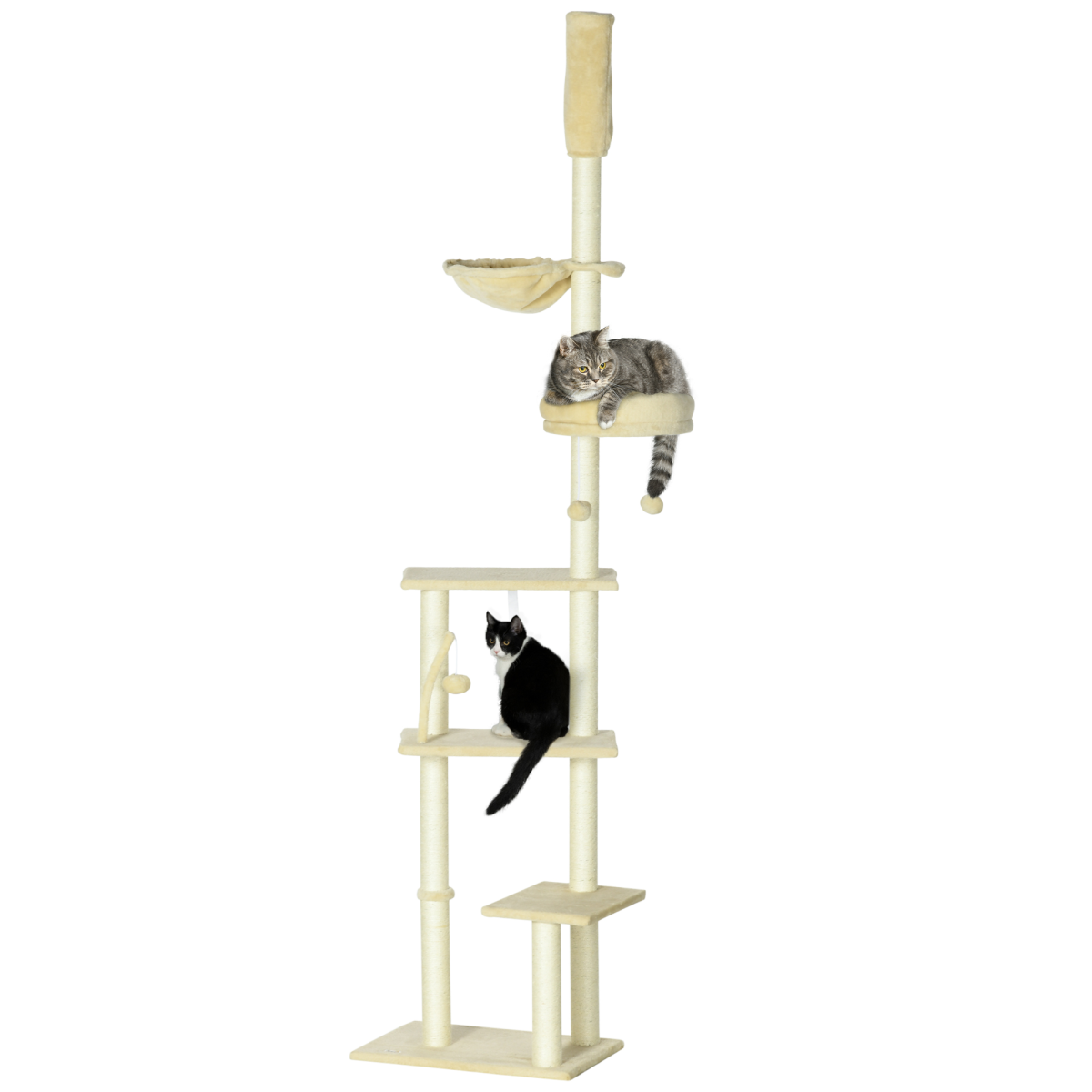 PawHut 6-Tier Floor-to-Ceiling Cat Tree with Scratching Post, Bed & Hammock – Adjustable Cat Tower, Beige