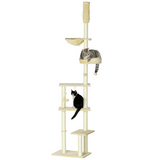 PawHut 6-Tier Floor-to-Ceiling Cat Tree with Scratching Post, Bed & Hammock – Adjustable Cat Tower, Beige