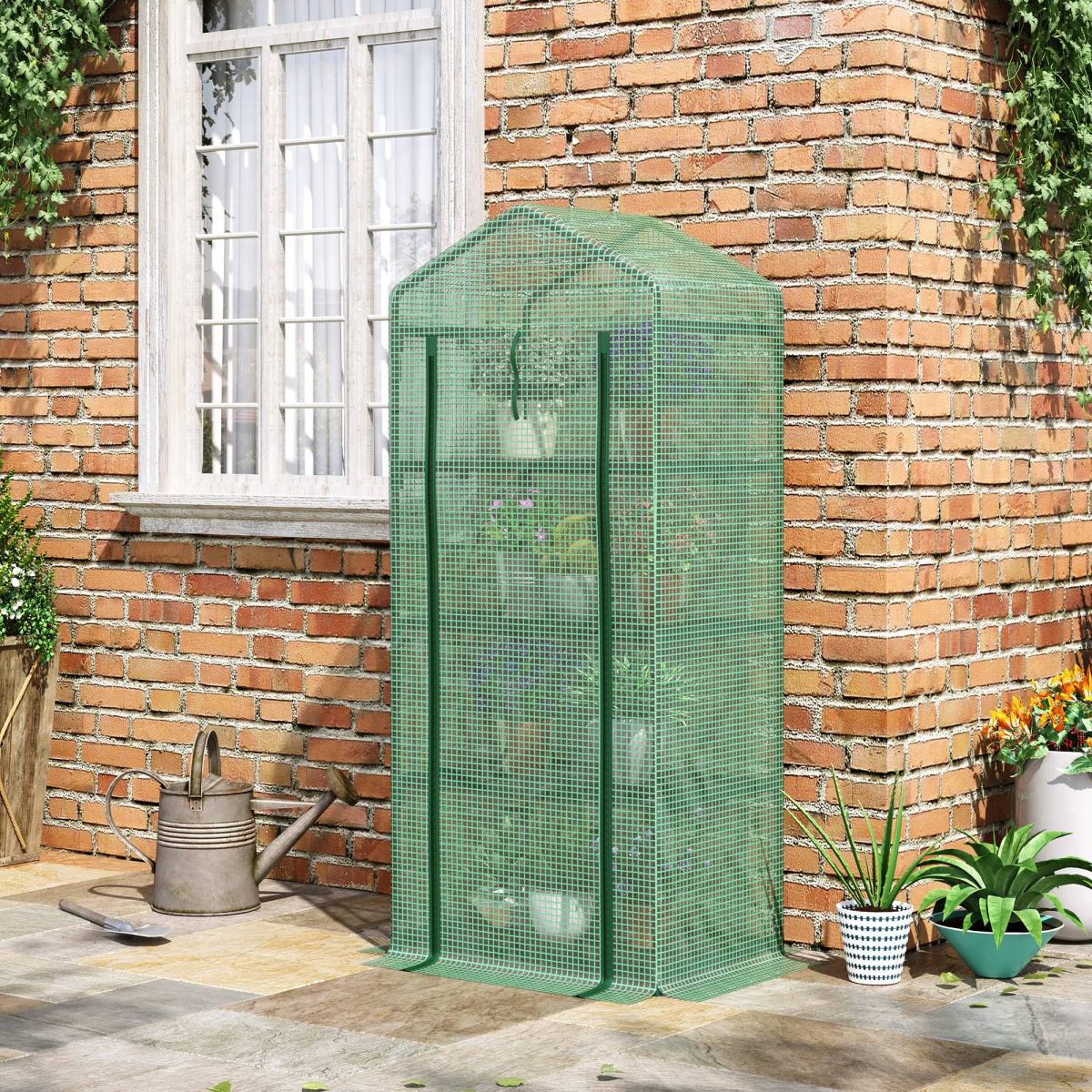 4-Tier Mini Greenhouse with Zipped Roll-up Door – Steel Frame Plant Grow House, 70 x 50 x 160cm, Dark Green
