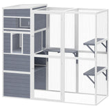 PawHut 4-Tier Wooden Catio Outdoor Cat Enclosure with Sun Roof, Resting Rooms, 3 Platforms & Window, Grey
