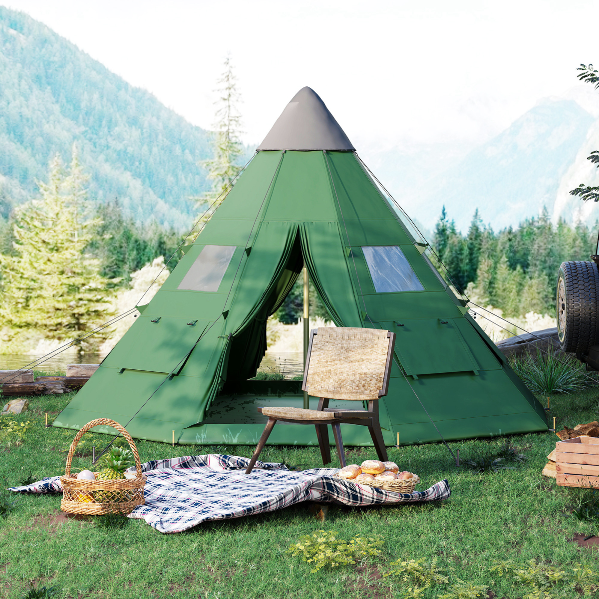 5-6 Person Two Room Camping Tent with 2000mm Waterproof Rating & Carry Bag – Family Tent, Green