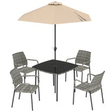 Outsunny 6-Piece Rattan Garden Dining Set with Parasol – Square Table with Tempered Glass Top and 4 Stackable Armchairs