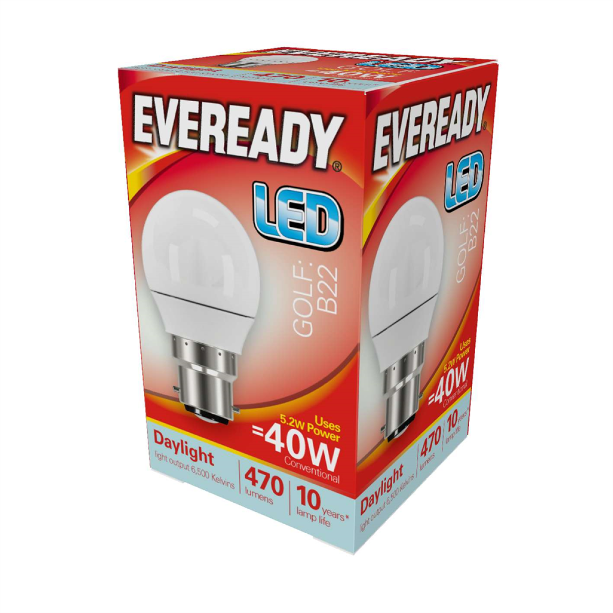 Eveready LED Golf Bulbs, B22 Bayonet Cap, 4.9W (40W Equivalent), 470lm, Daylight – Pack of 5