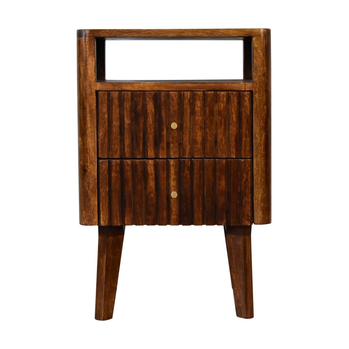Artisan Furniture Solid Wood Reeve Retro Bedside Table with 2 Drawers and Open Slot – Chestnut, Dark Brown