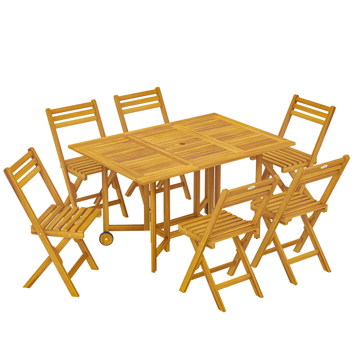 Outsunny 7-Piece Garden Dining Set, Extending Table & 6 Folding Chairs – Acacia Wood, Umbrella Hole